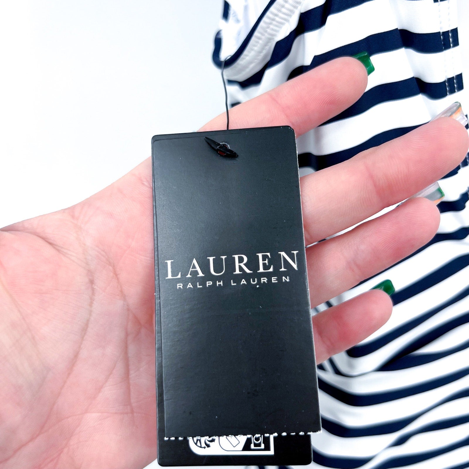 LAUREN RALPH LAUREN Luxe Stripe Laced Tank Swimsuit Size 12 Navy Blue White NWT