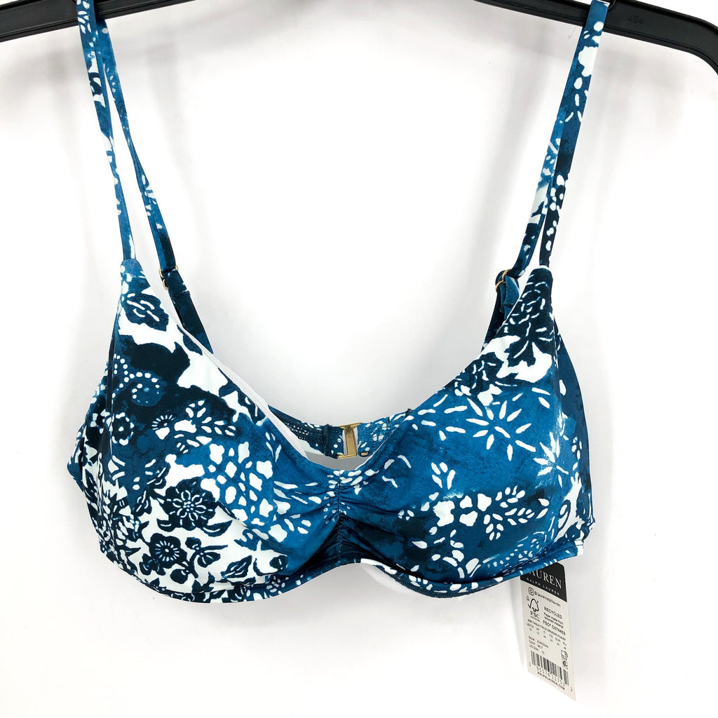 LAUREN RALPH LAUREN Patchwork Bikini Top Size 10 Blue Indigo Scoop Shirred NWT