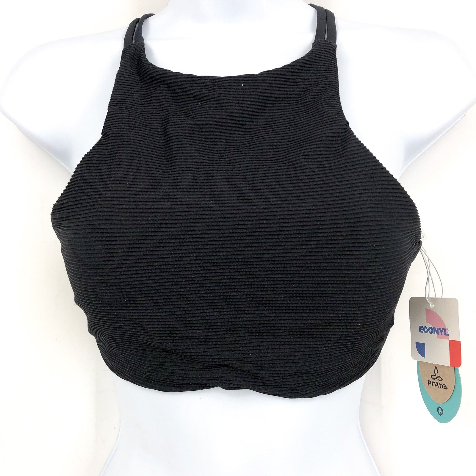 PRANA Women's Onyx Bay Bikini Top Large Black Ottoman High Neck Ribbed NWT