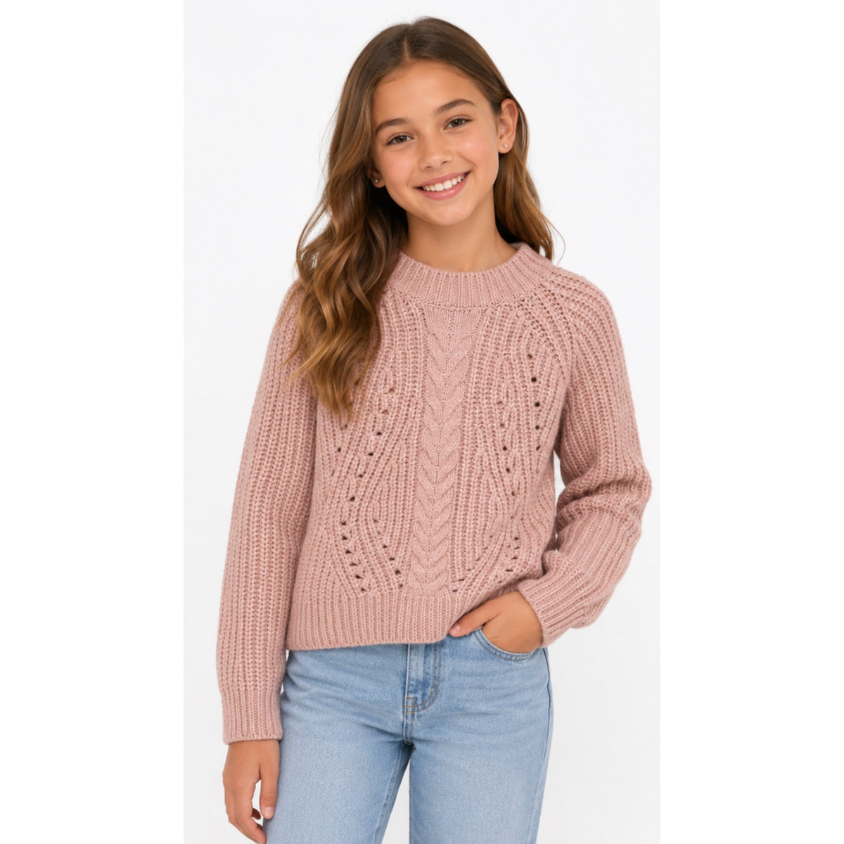 BARDOT Girl's Cozy Cable Knit Crewneck Sweater Size 12 Pink Potpourri NWT