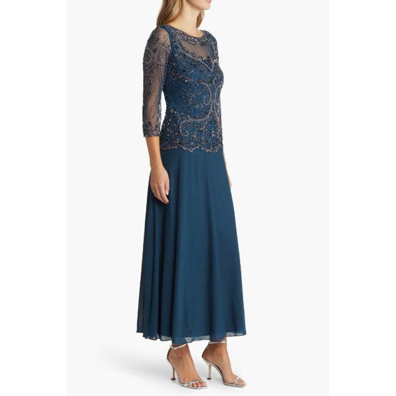 PISARRO NIGHTS Beaded Mesh Gown Size 4 Blue Rich Sapphire Mock Two-Piece NWT