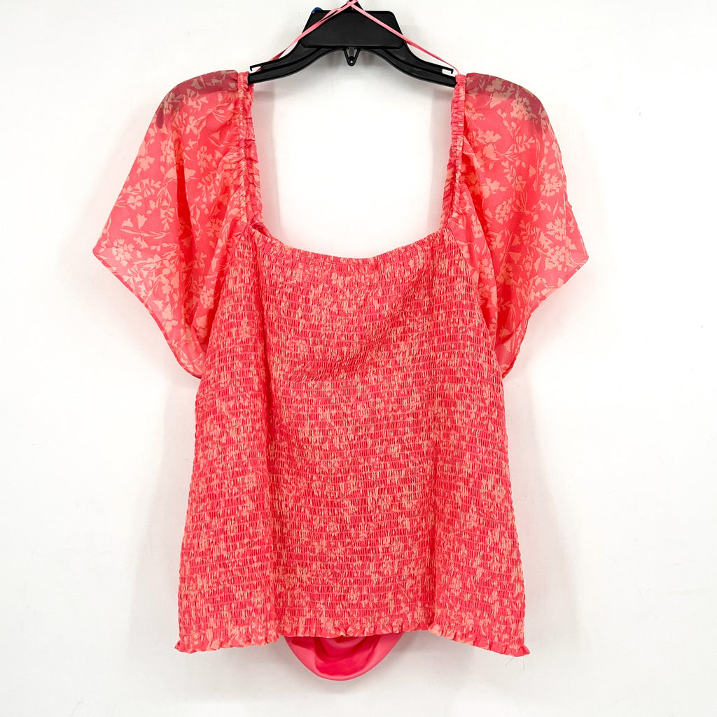 LUSH Women's Smocked Blouse 2X Pink Floral Ruched Flutter Sleeve NWT