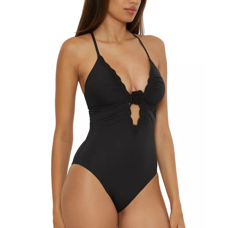 BECCA Colette Clare Plunge One Piece Swimsuit Large Black Crochet Flower NWT