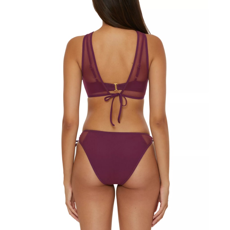 BECCA Women's Muse Mesh-Inset Side-Tie Bikini Bottoms XS Purple Aubergine NWT