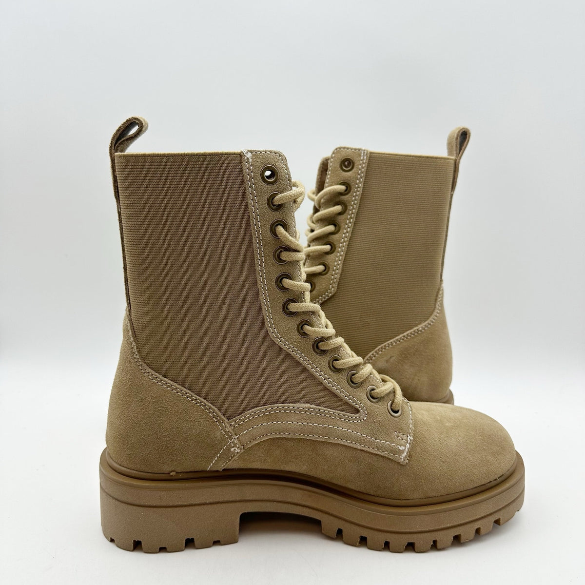 Steve Madden Womens Kenny Combat Boots US 6.5 M Taupe Tan Leather Lace Up NIB