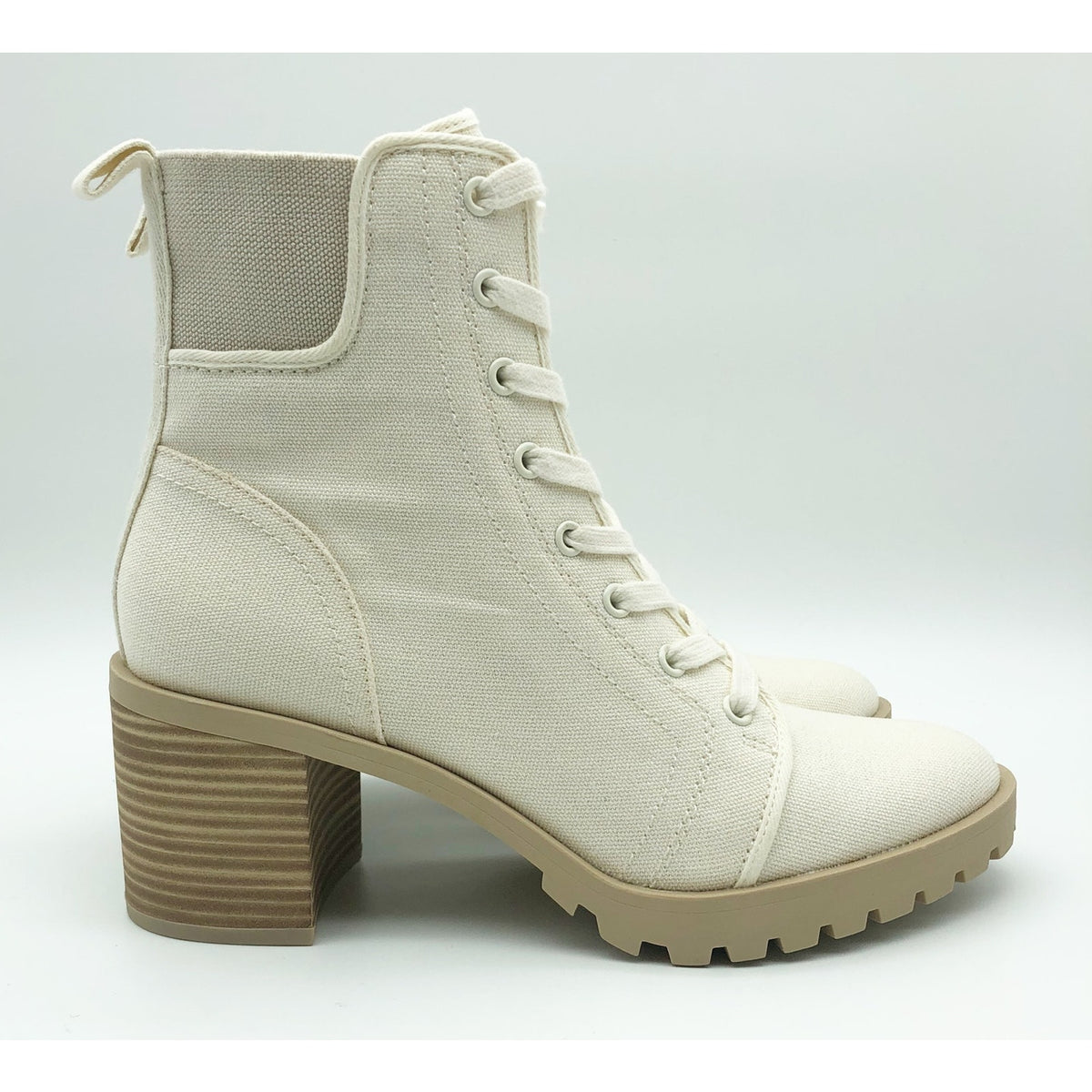 Dolce Vita Womens Combat Boots Size 7 Stacked Heel Off White Canvas NWOB