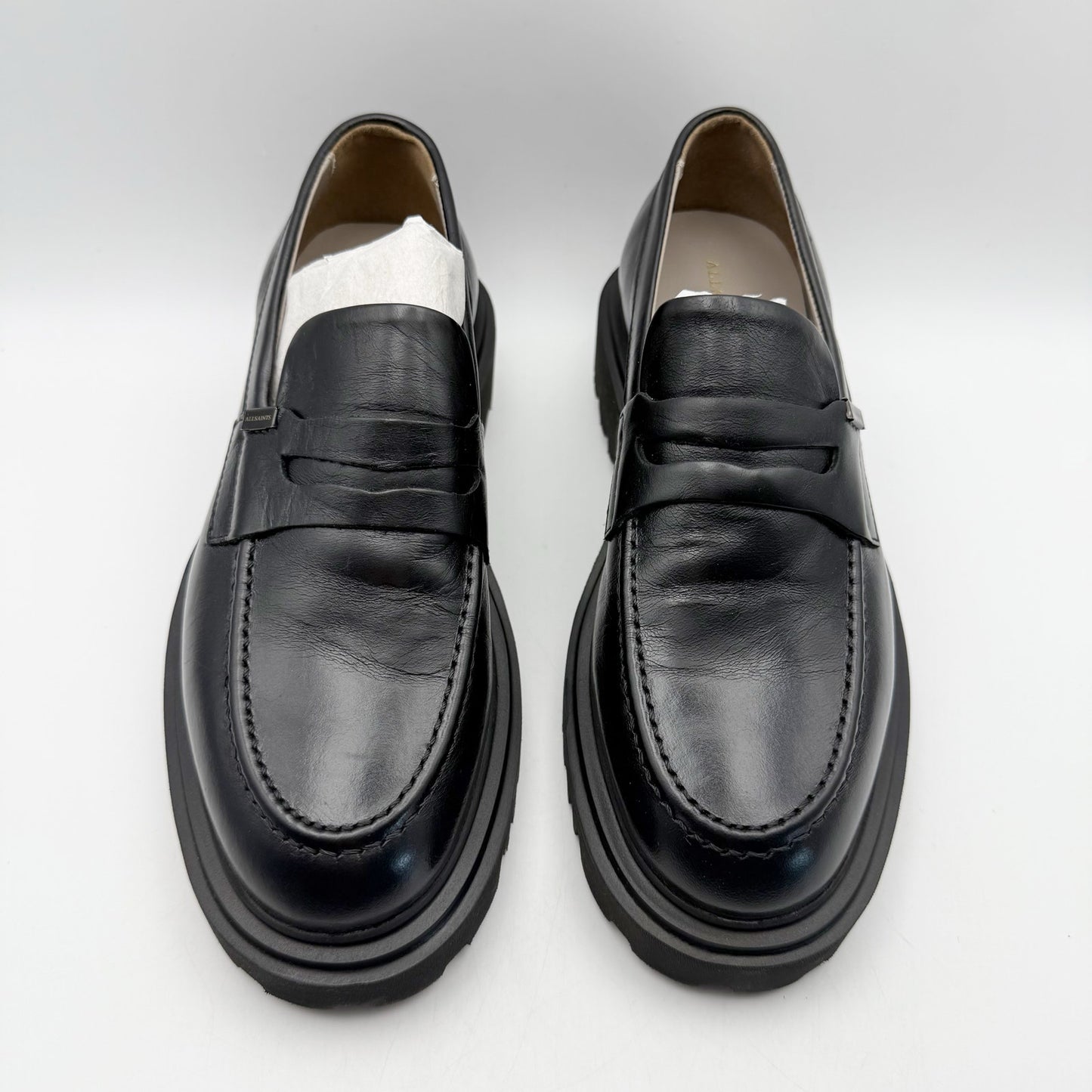 Allsaints Womens Lola Loafers US 7 EU 37 Black Leather Chunky Lug Sole NWOB