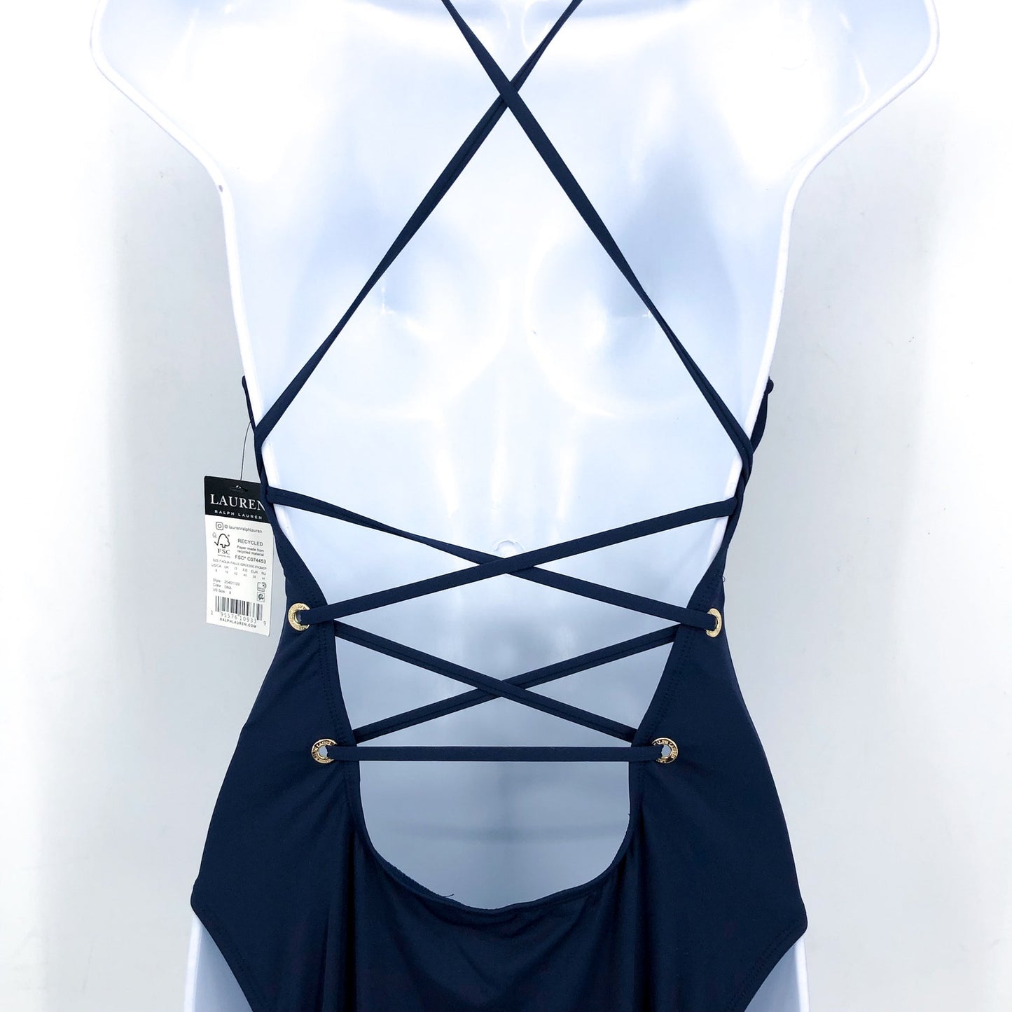LAUREN RALPH LAUREN Strappy Plunge One-Piece Swimsuit Size 10 Blue Vneck NWT