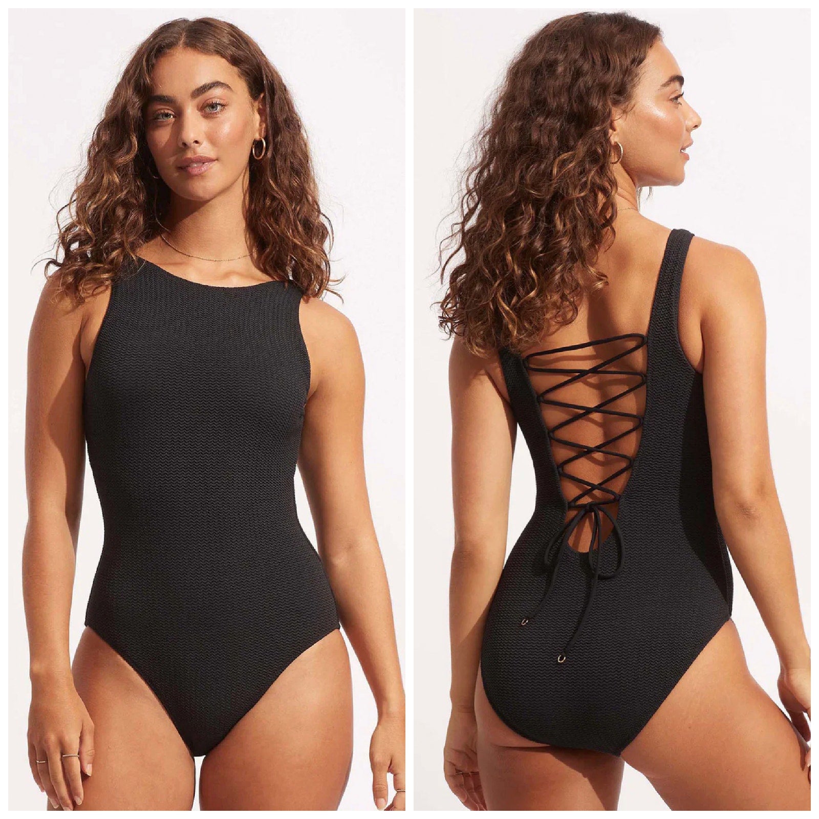 SEAFOLLY Sea Dive High Neck One Piece Swimsuit Size 10 Black Lace Back NWT