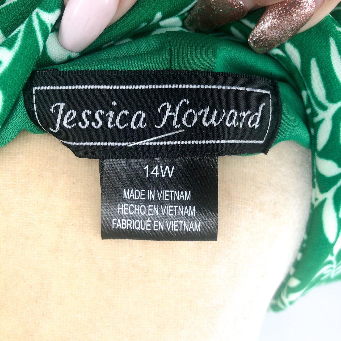 JESSICA HOWARD Faux Wrap Dress 14W Green Printed 3/4 Sleeve NWOT