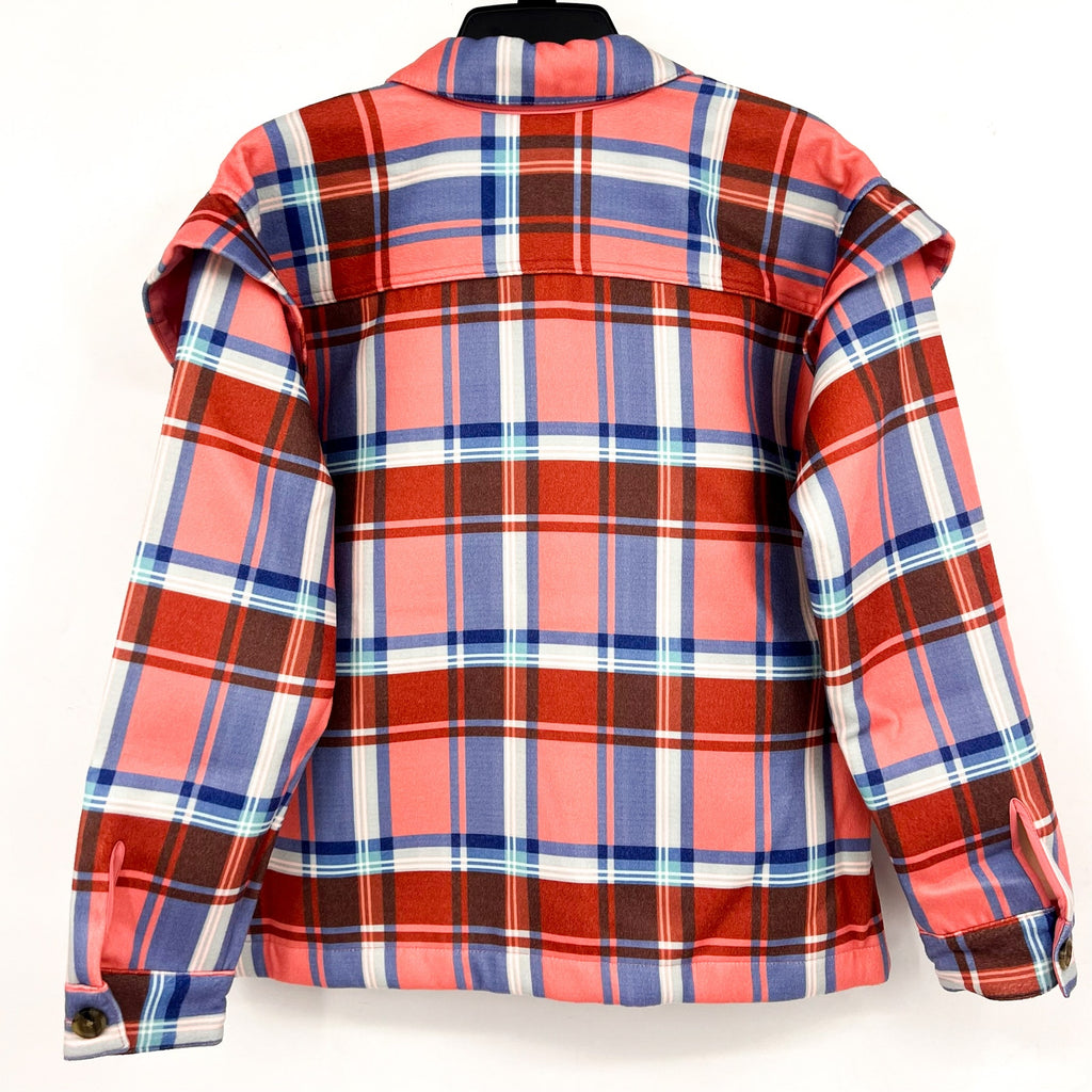 CANDACE CAMERON BURE Ruffle Sleeve Shirt Jacket XS Pink Blossom Plaid NWOT