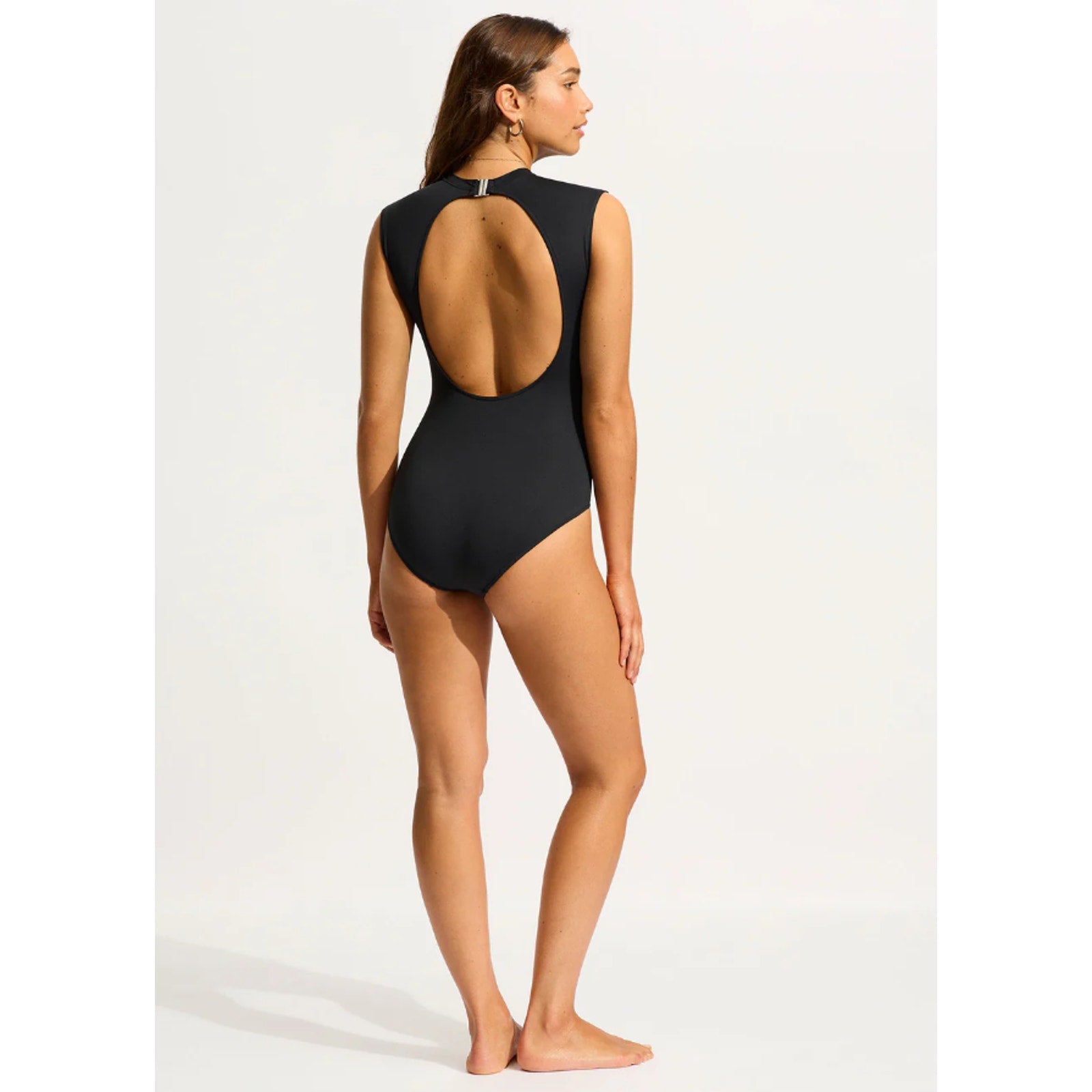 SEAFOLLY COLLECTIVE Women's One Piece Swimsuit US 14 Black Cap Sleeve NWT