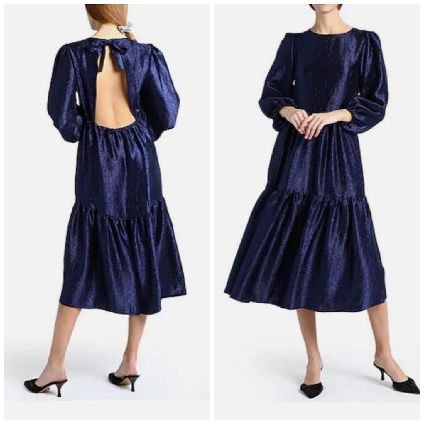 TOPSHOP Open Back Midi Dress Size 8 Midnight Blue Textured Jacquard Boho NWT