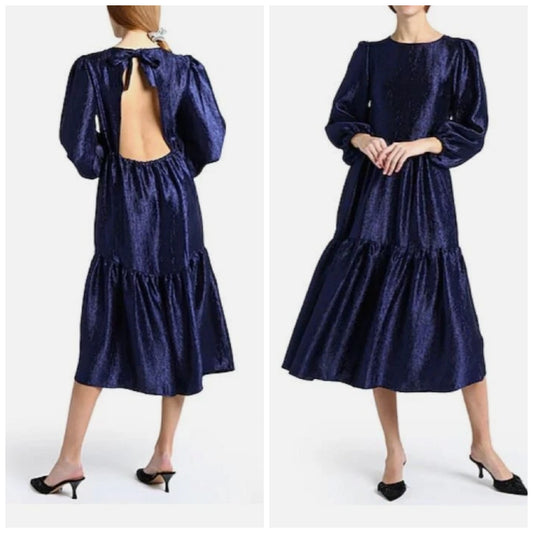 TOPSHOP Open Back Midi Dress Size 8 Midnight Blue Textured Jacquard Boho NWT