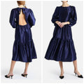 TOPSHOP Open Back Midi Dress Size 8 Midnight Blue Textured Jacquard Boho NWT