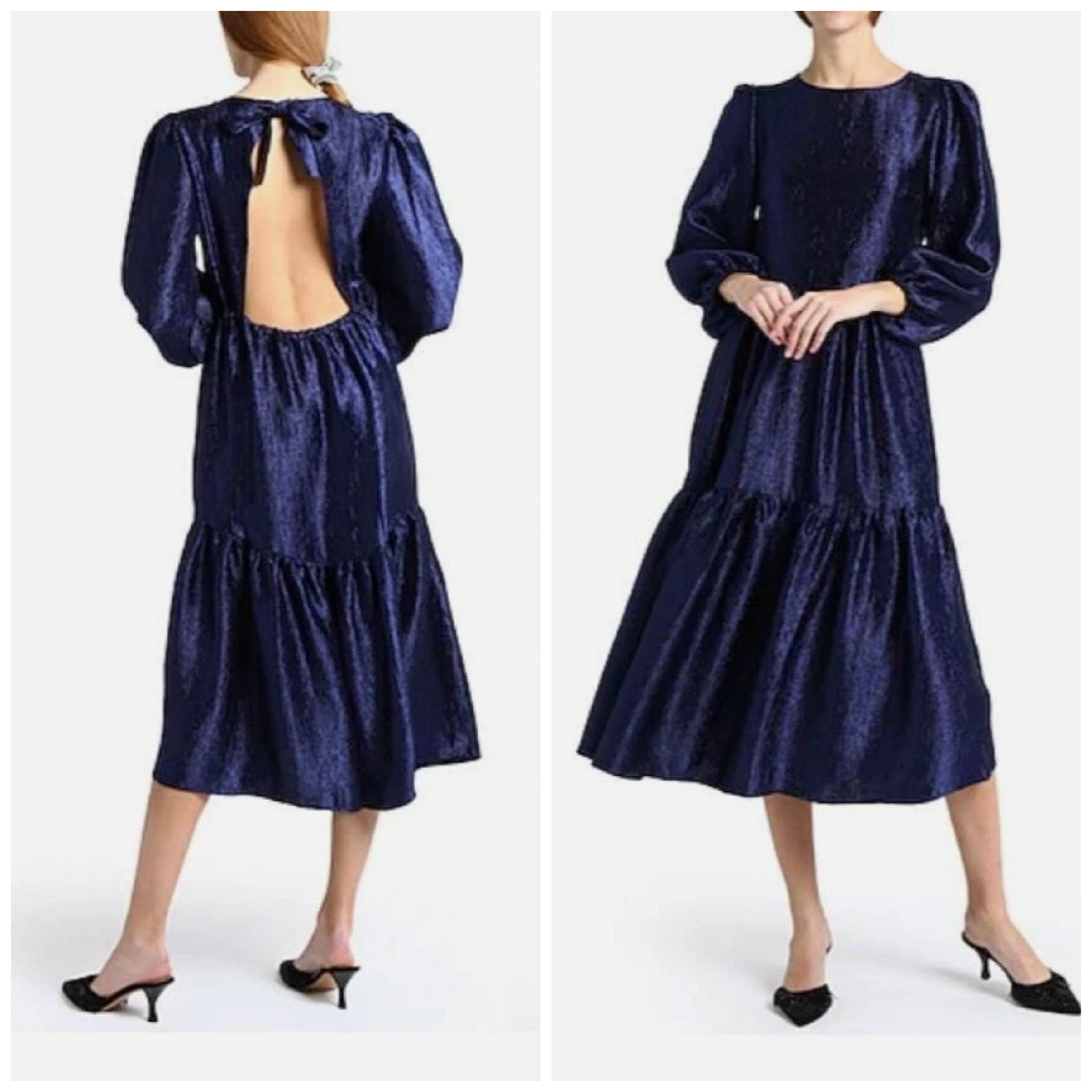 TOPSHOP Open Back Midi Dress Size 8 Midnight Blue Textured Jacquard Boho NWT