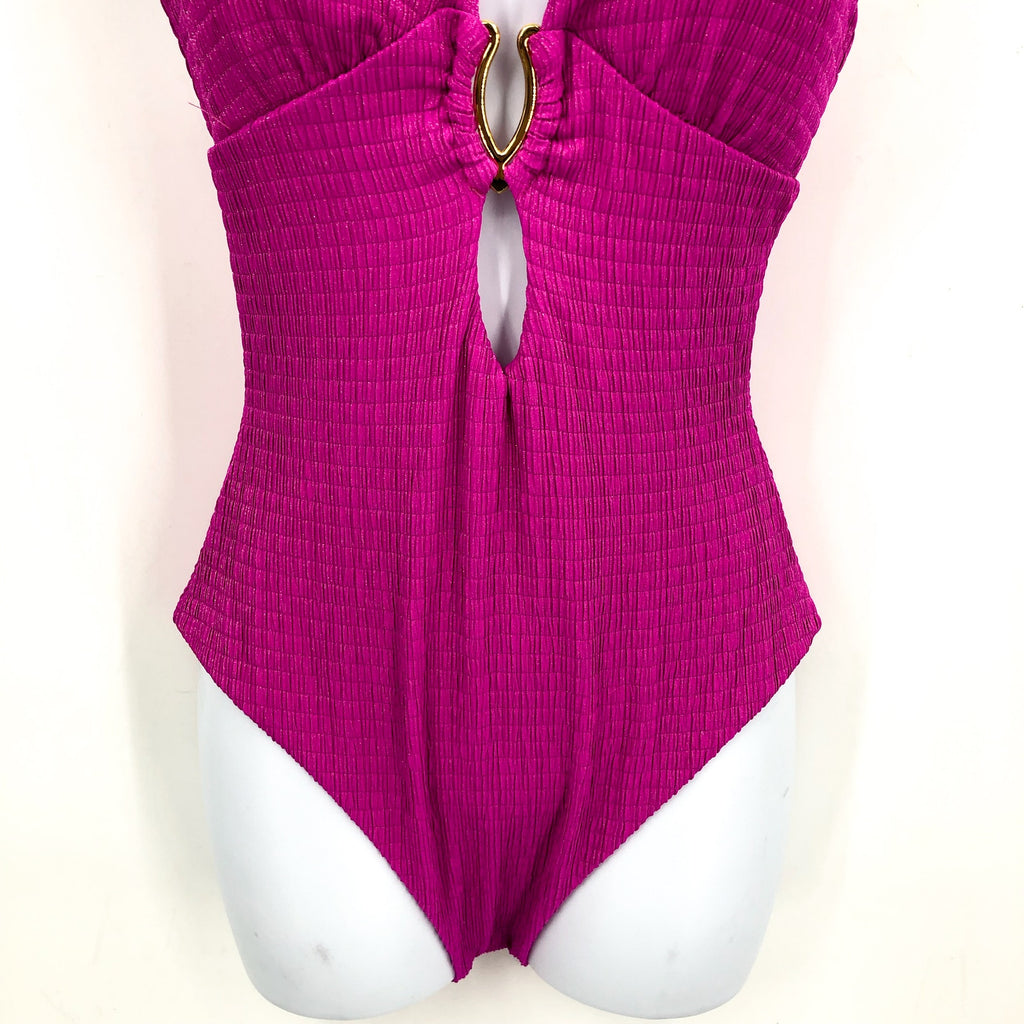 BECCA Luminous Evelynn Plunge One-Piece Swimsuit Medium Vivid Pink NWT