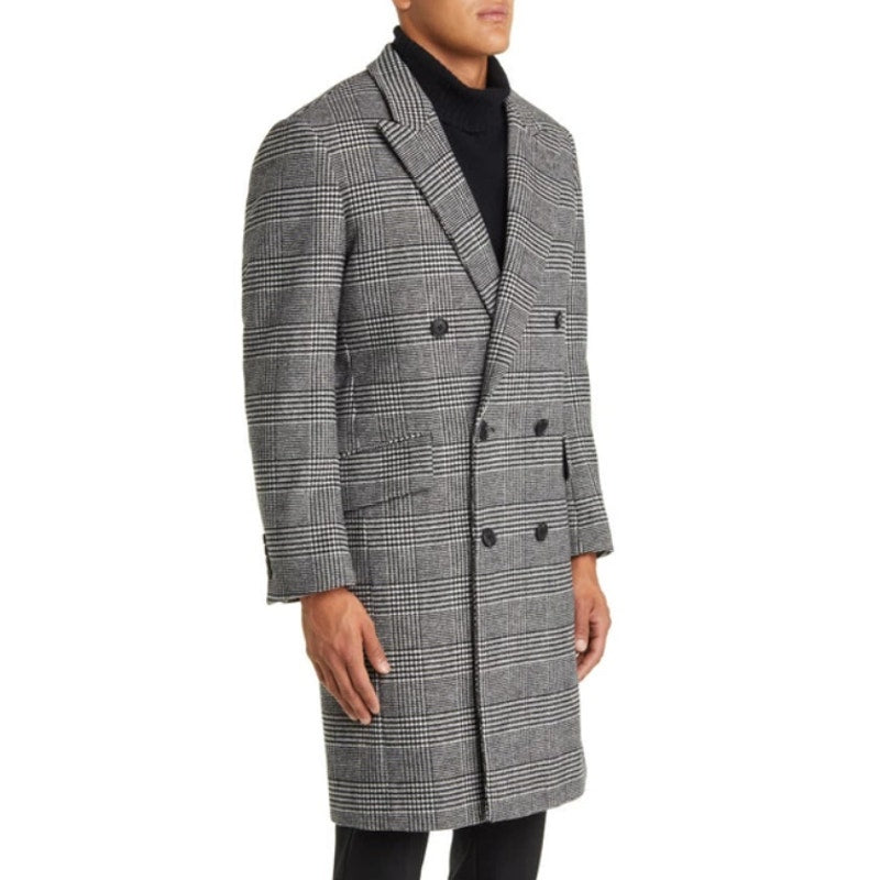 NORDSTROM Men's Glen Wool Blend Topcoat XL Black White Plaid XL NWT