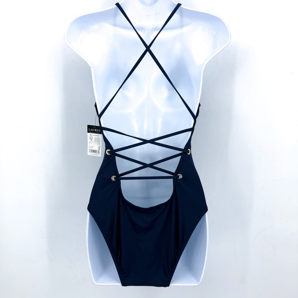 LAUREN RALPH LAUREN Strappy Plunge One-Piece Swimsuit Size 4 Blue Vneck NWT