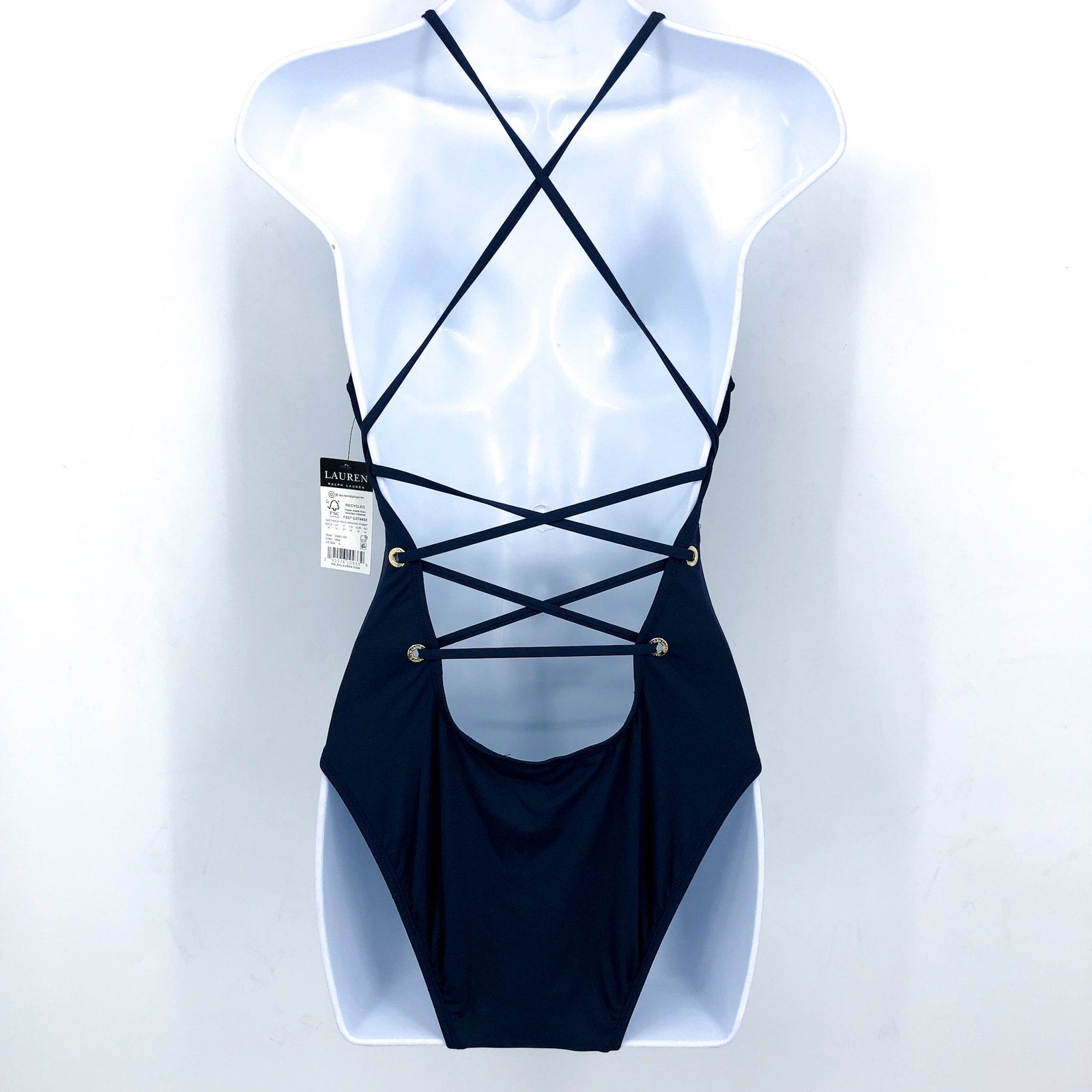 LAUREN RALPH LAUREN Strappy Plunge One-Piece Swimsuit Size 4 Blue Vneck NWT