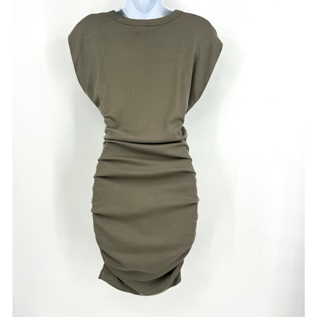 MICHAEL STARS Ricci Power Shoulder Dress Small Olive Green Short Sleeve NWT