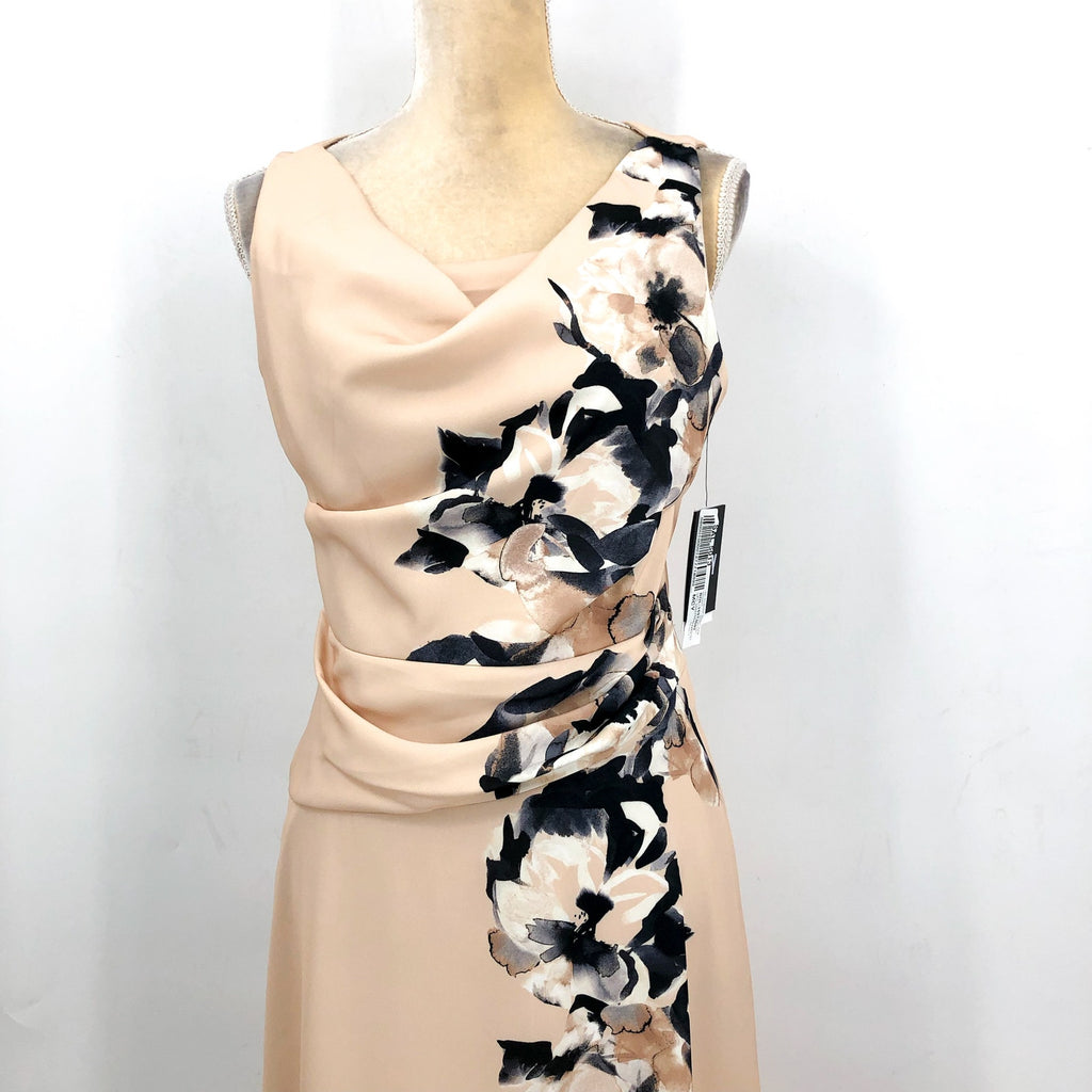 DKNY Women's Floral Cocktail Midi Dress Size 4 Elegant Beige Cowlneck NWT