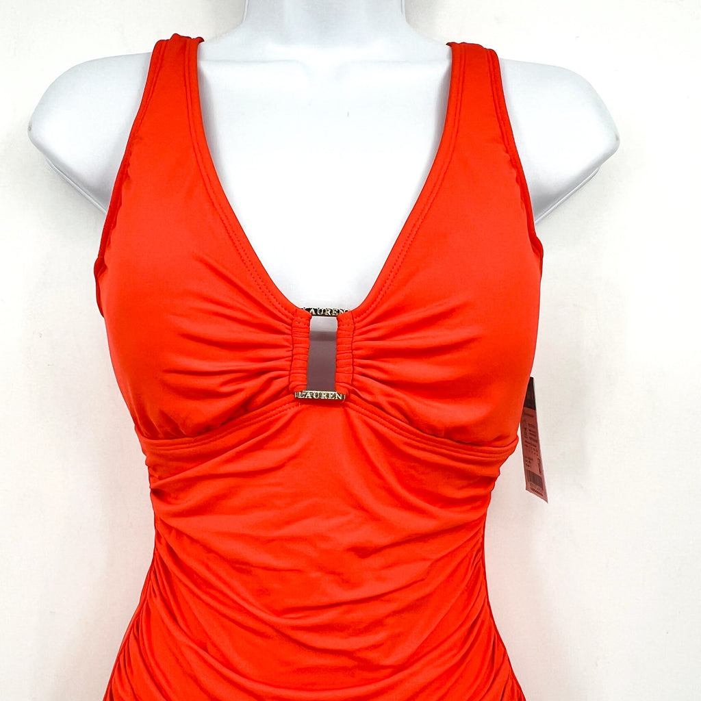 LAUREN RALPH LAUREN Ring One Piece Swimsuit Size 12 Orange Over The Shoulder NWT