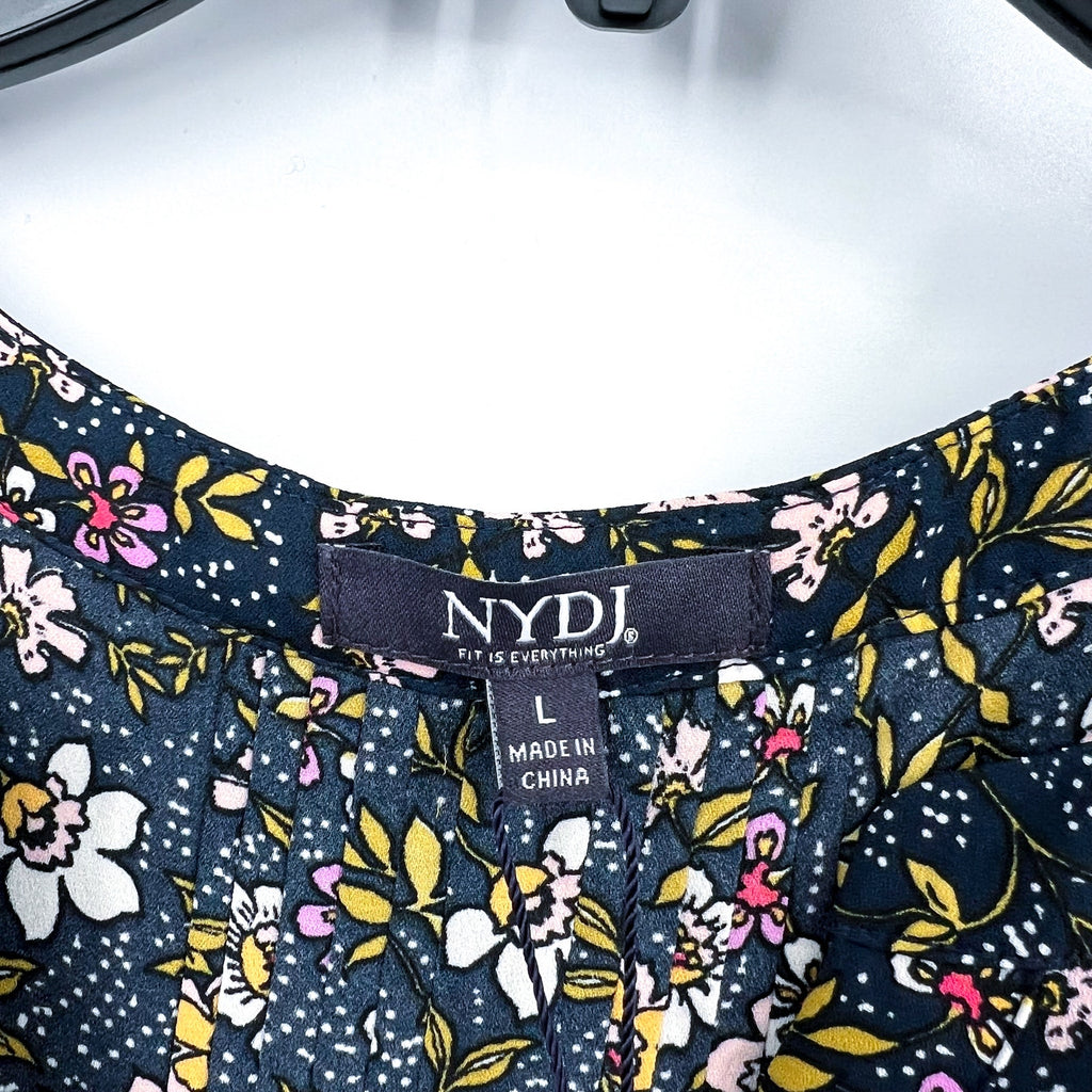 NYDJ Womens Sleeveless Blouse Top Large Marisol Blue Floral Print Split Neck NWT