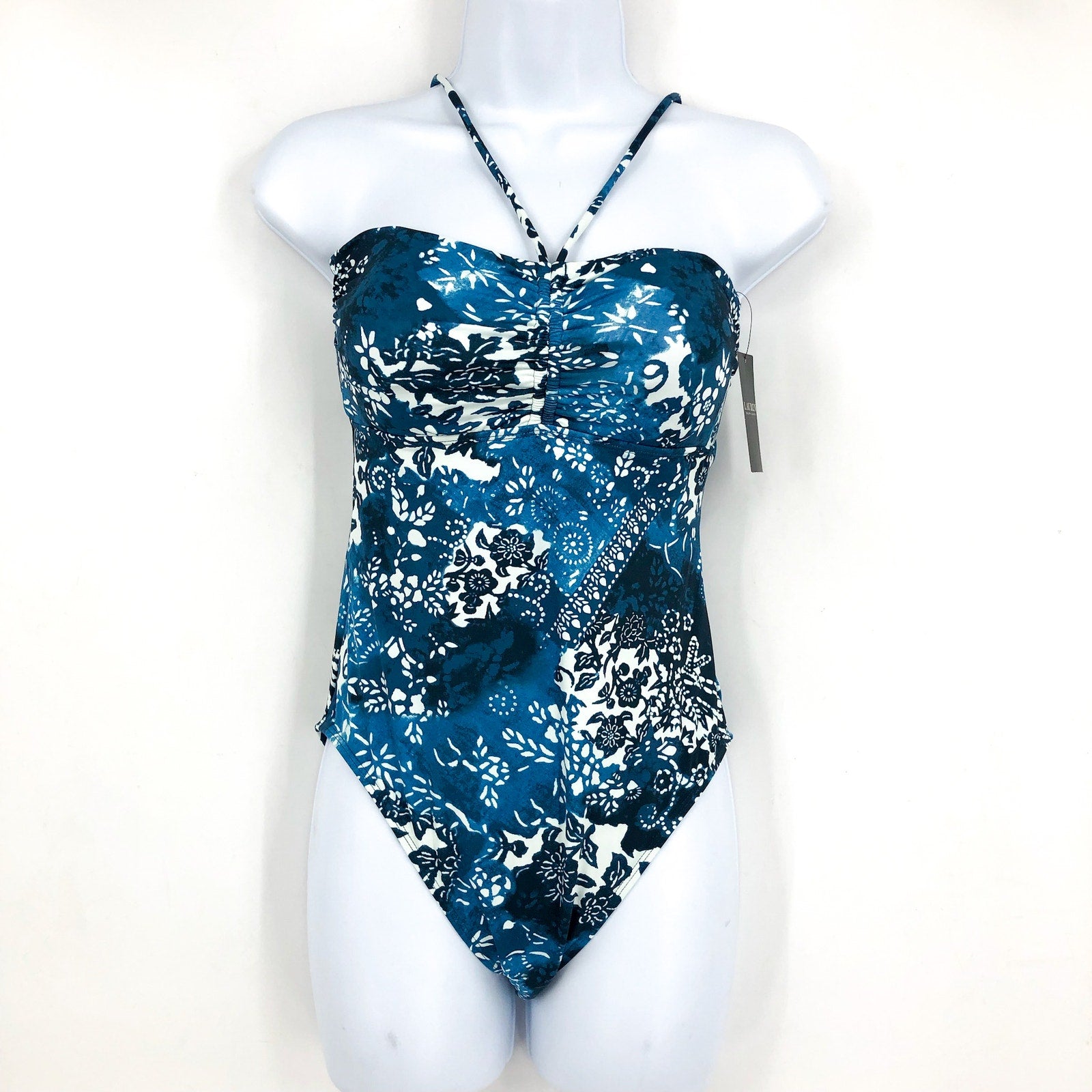 LAUREN RALPH LAUREN Halter Bandeau One Piece Swimsuit 10 Blue Patchwork NWT