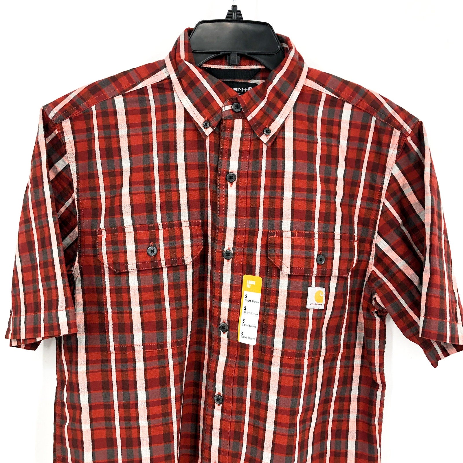 CARHARTT Mens Loose Fit Casual Shirt Small Red Plaid Short Sleeve Midweight NWT