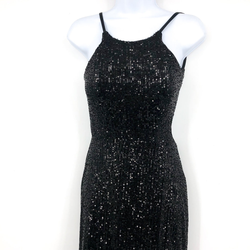 LA FEMME Sequin High Neck Dress Size 0 Black Long Slit Low Back 28529 NWT