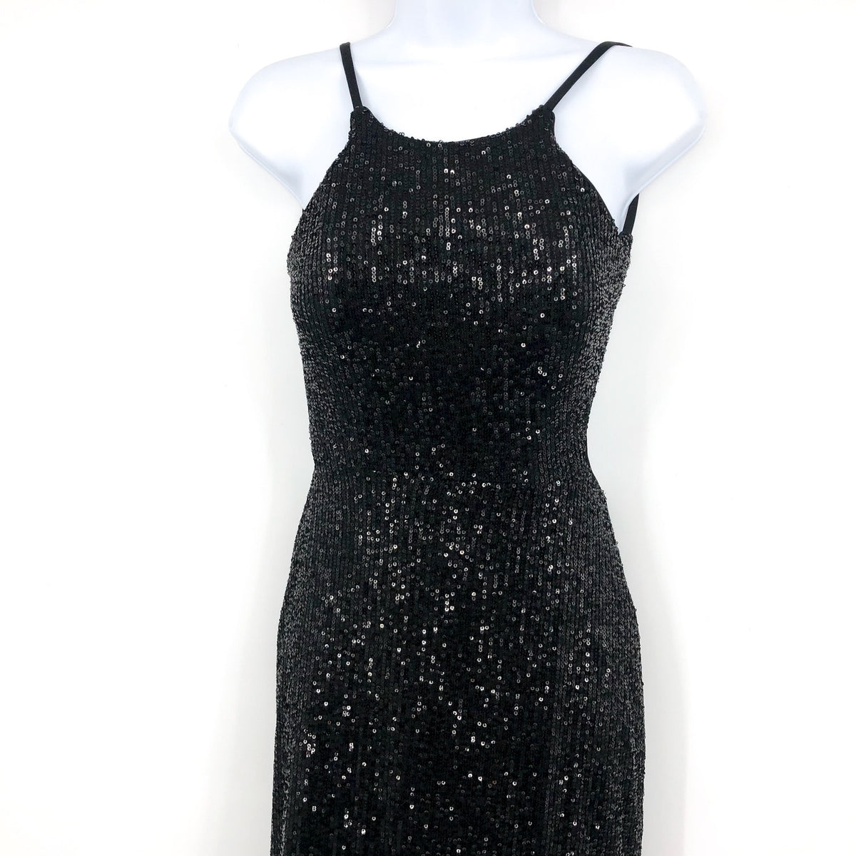 LA FEMME Sequin High Neck Dress Size 0 Black Long Slit Low Back 28529 NWT
