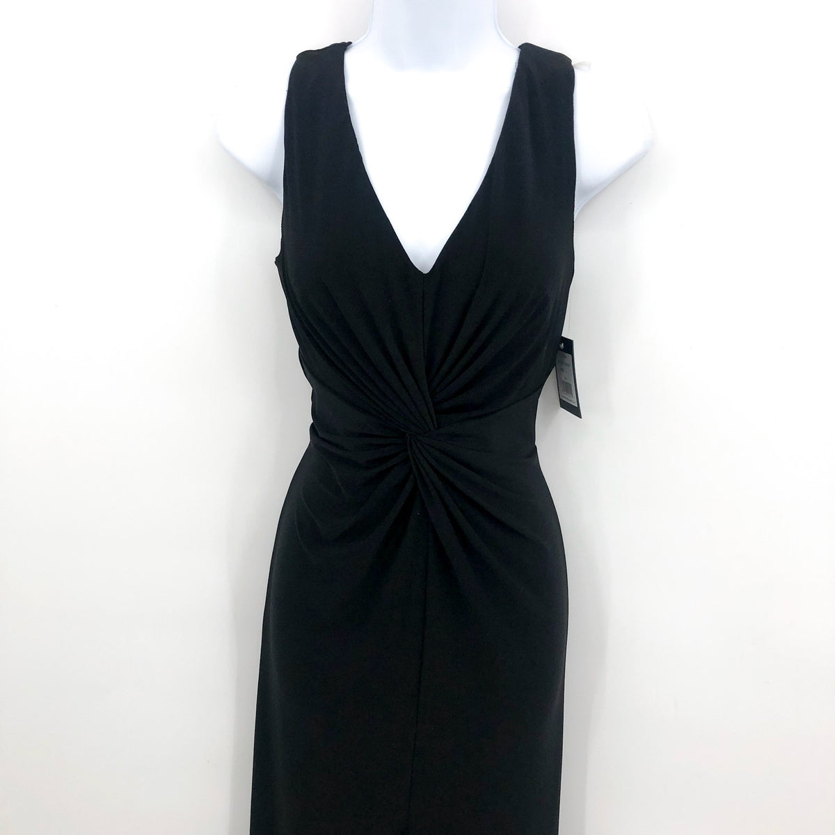 MARINA Women's Long Dress Small Black Crepe V Neck Knot Front Sleeveless NWT