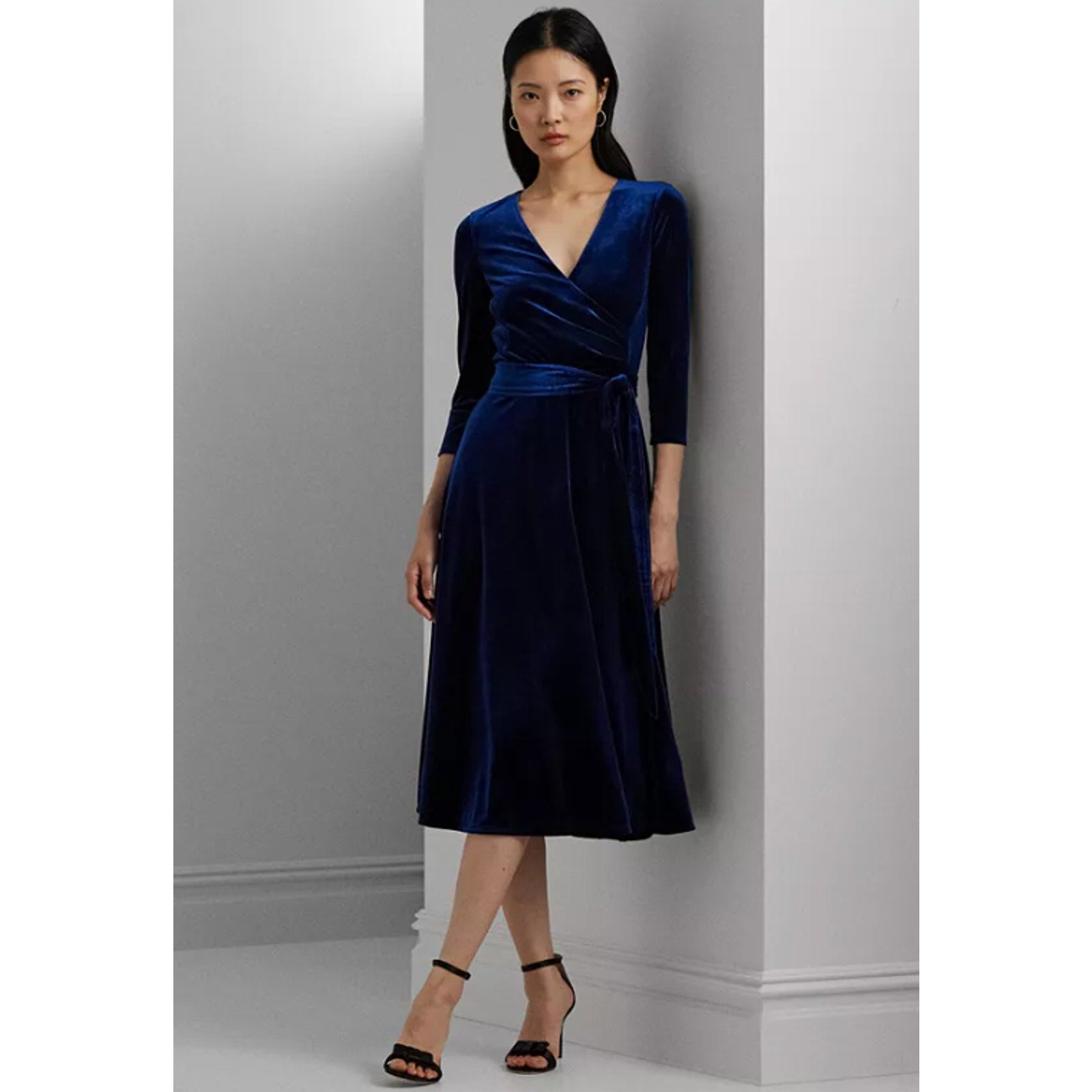 LAUREN RALPH LAUREN Women's Surplice V Neck Velvet Midi Dress Size 10 Blue NWT