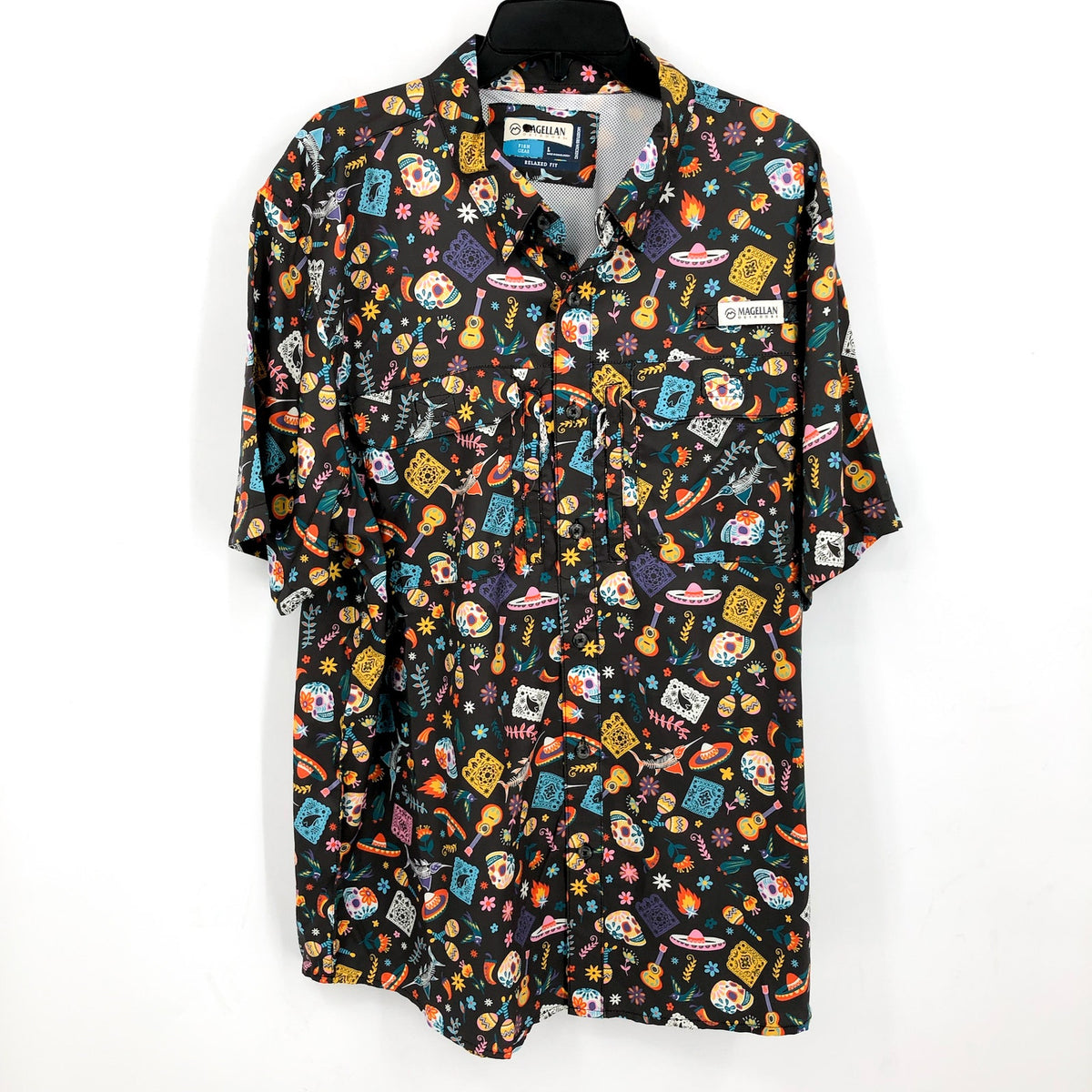 MAGELLAN Mens Dia De Los Muertos Fishing Shirt LARGE Black Short Sleeve NWOT