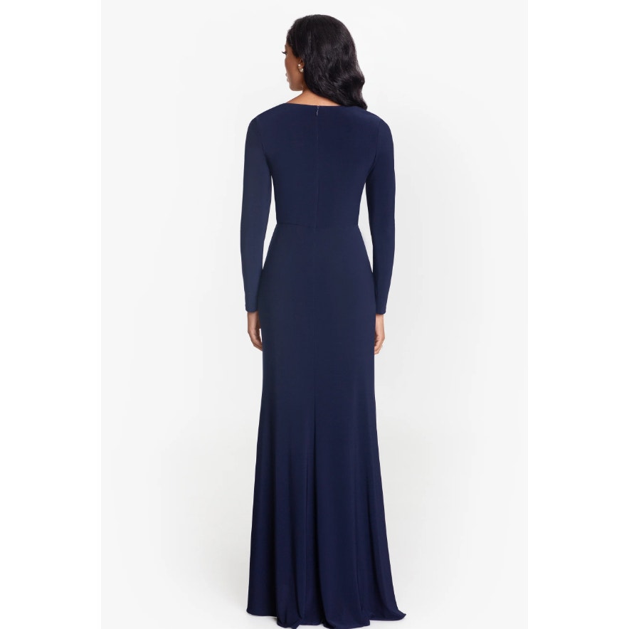 BETSY & ADAM Elle Gown Size 12 Navy Blue Long Sleeve Side Ruffled Slit NWT