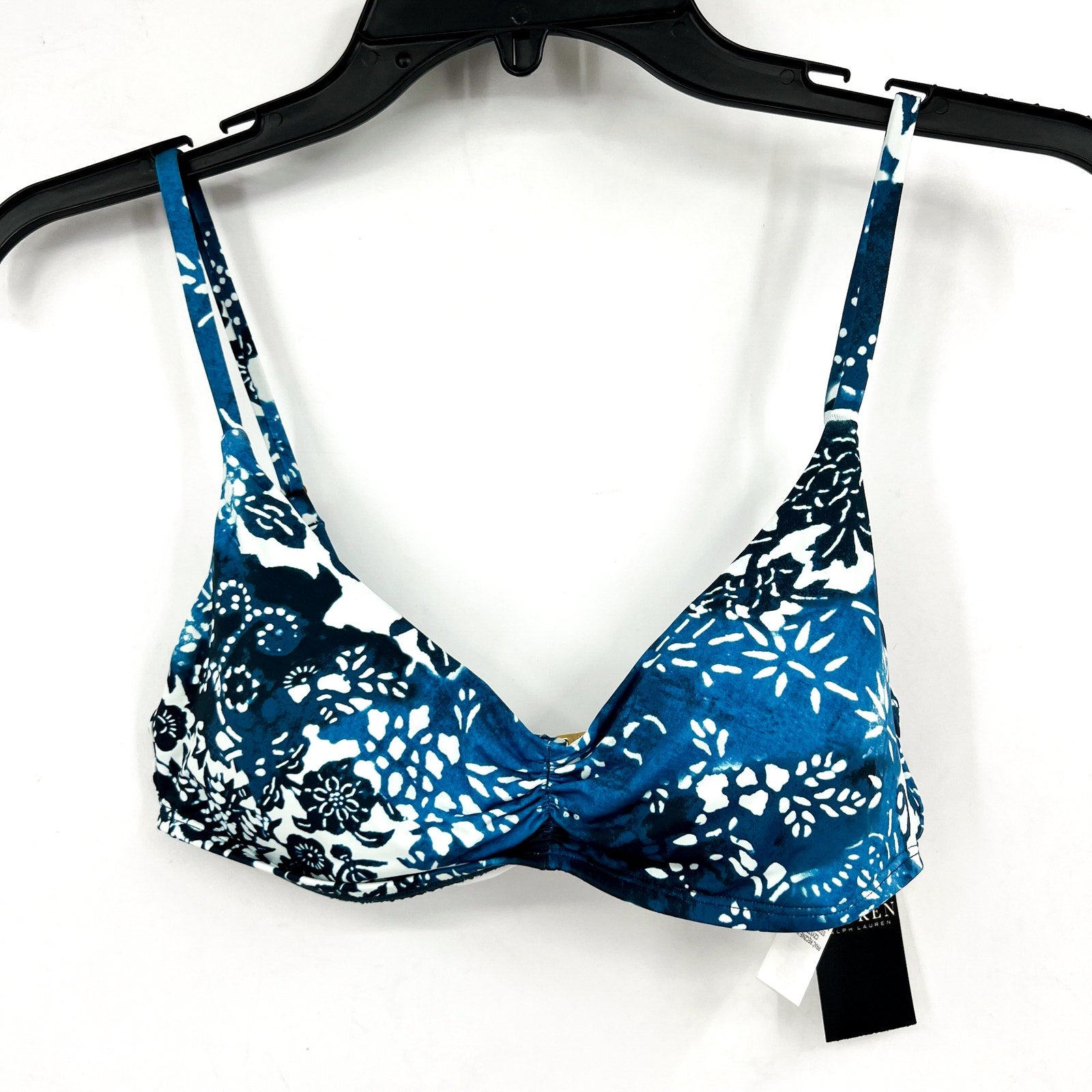 LAUREN RALPH LAUREN Patchwork Bikini Top Size 8 Blue Indigo Scoop Shirred NWT