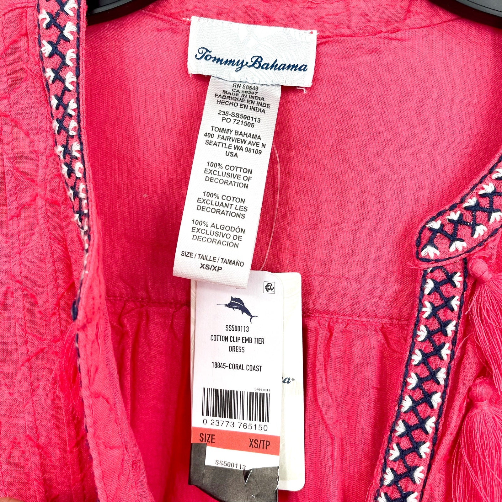 TOMMY BAHAMA Clip Embroidered Coverup Dress XS Pink Coral Cost Cotton NWT
