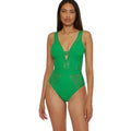 BECCA Women's Crochet Plunge One Piece Swimsuit XS Emerald Green Color Play NWT