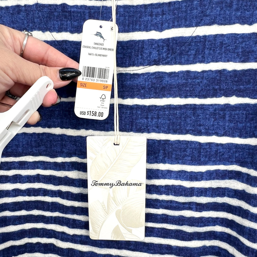 TOMMY BAHAMA Coastal Chalet Midi Dress Small Blue White Stripe Belt Knit NWT