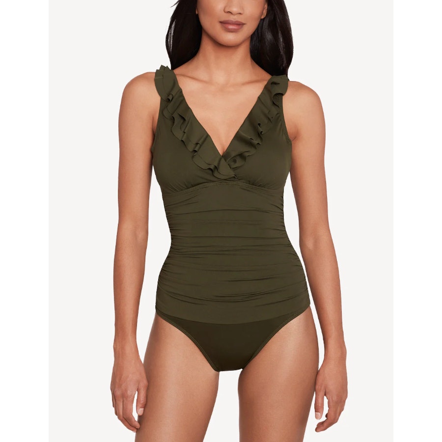 LAUREN RALPH LAUREN Ruffle One Piece Swimsuit Size 16 Olive Green Beach Club NWT
