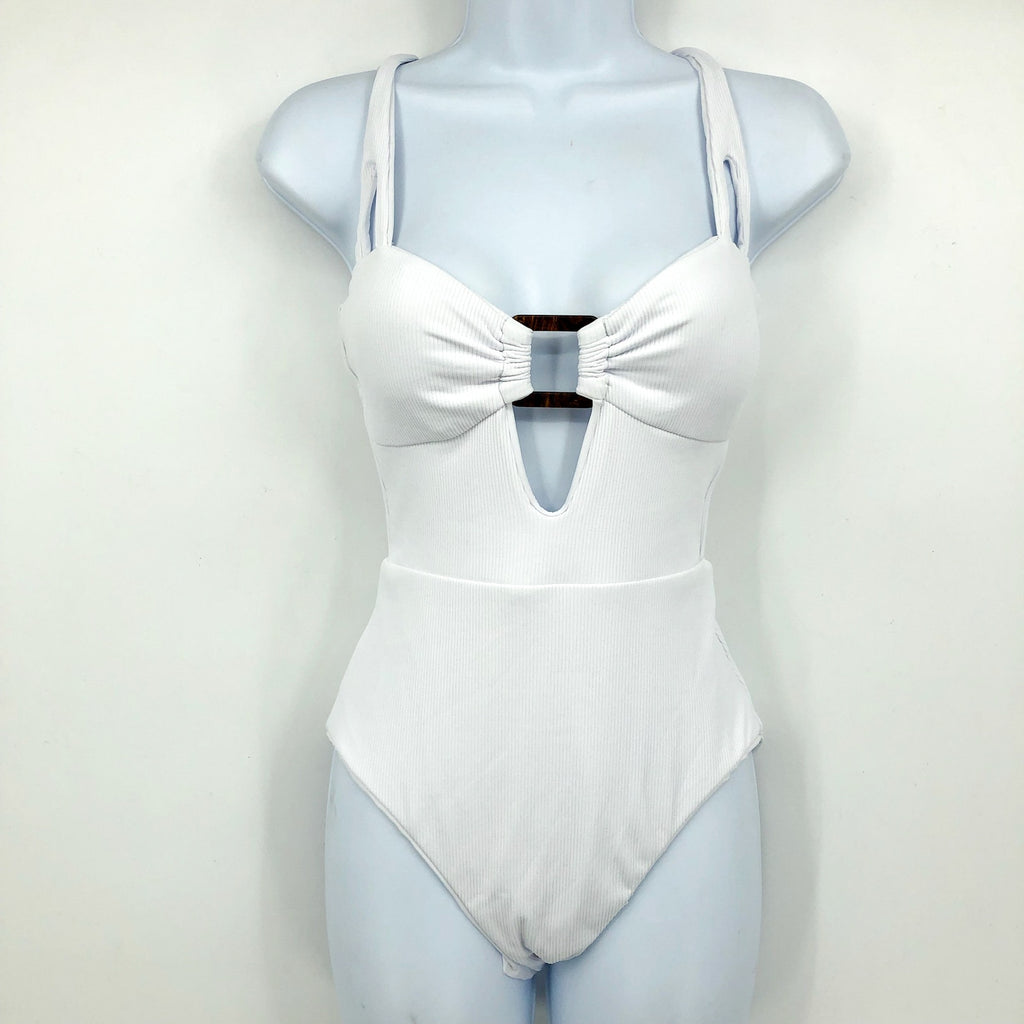 BECCA Women's Modern Edge One Piece Swimsuit Small White Ribbed Buckle NWT