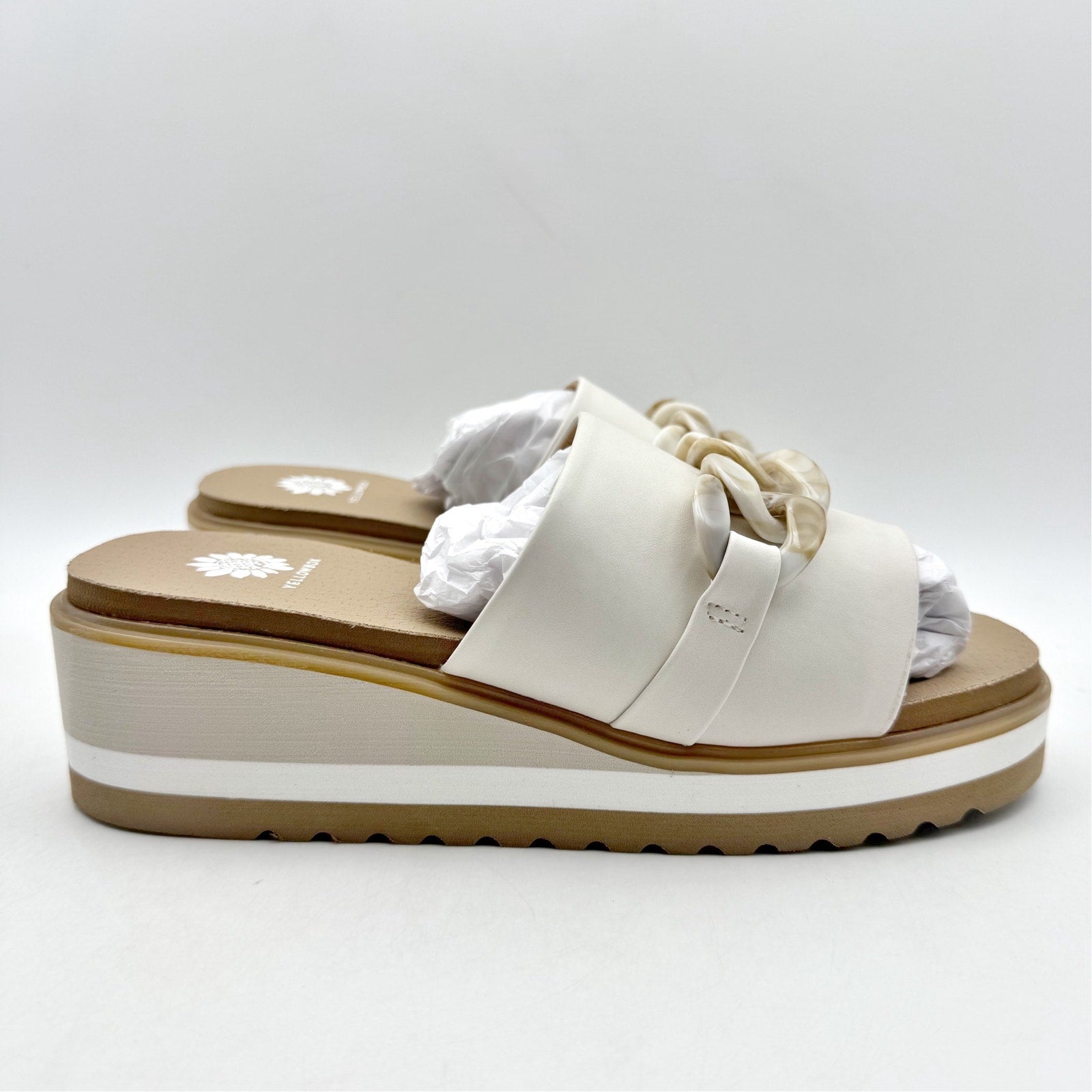 Yellow Box Womens Alora Wedge Slide Sandals US 7 M White Tan Vegan Leather NWOB