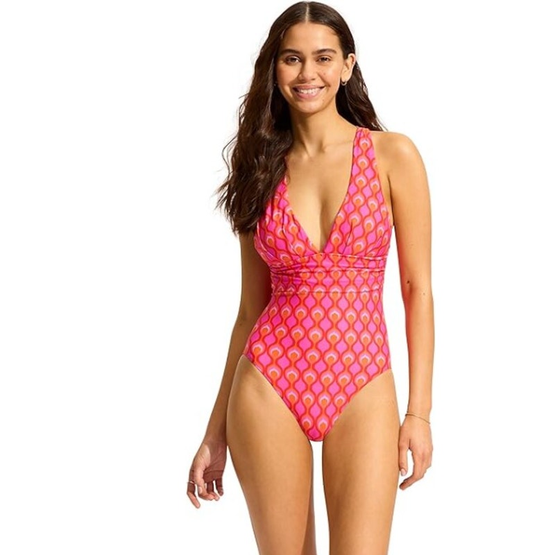 SEAFOLLY Cross-Back One Piece Swimsuit US 10 Red Chili Birds of Paradise