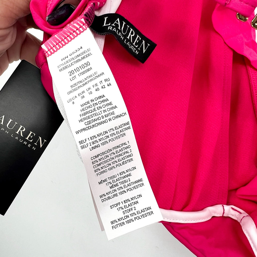 LAUREN RALPH LAUREN Ruffle Bikini Top Size 8 Pink Underwire Beach Club NWT