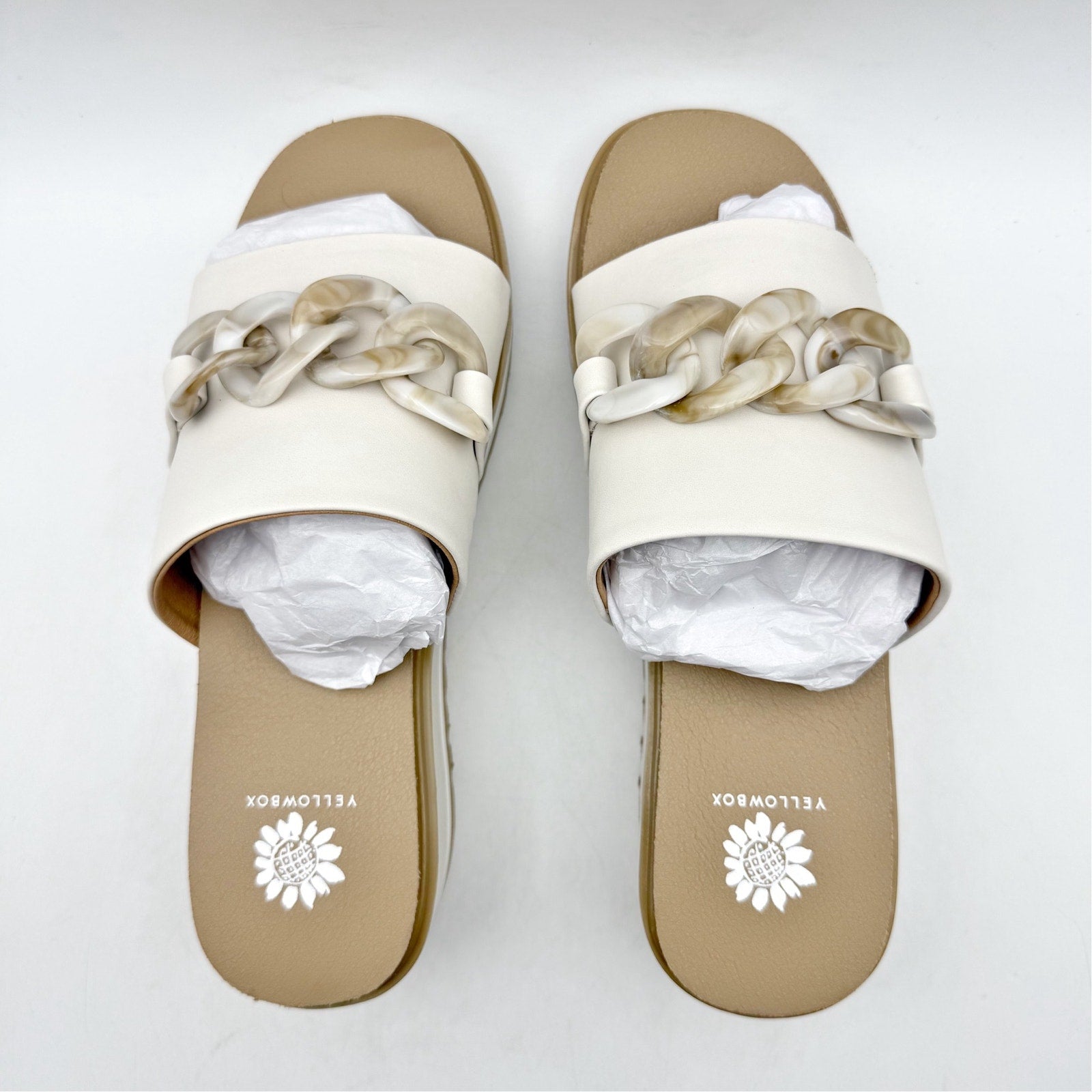 Yellow Box Womens Alora Wedge Slide Sandals US 7 M White Tan Vegan Leather NWOB