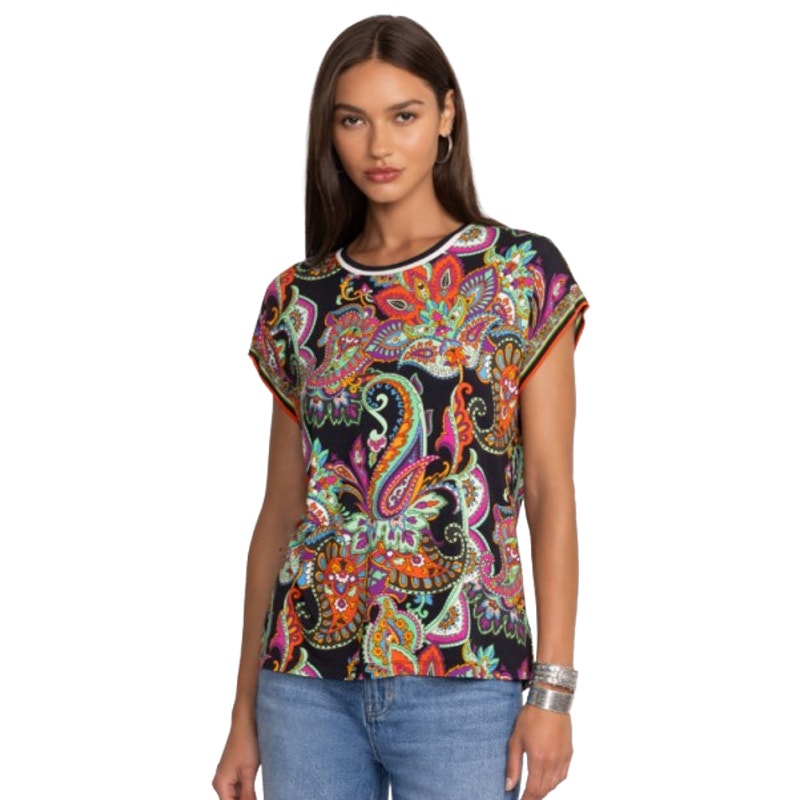 JOHNNY WAS Women's The Janie Favorite Relaxed Tee Medium Black Multi Print NWT