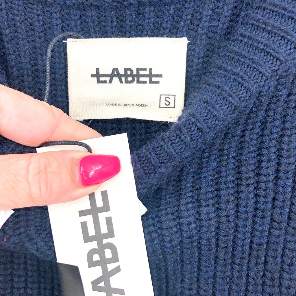 LABEL Men Go-To Sweater Small Navy Blue Light Grey Knit Crewneck Merino Wool NWT