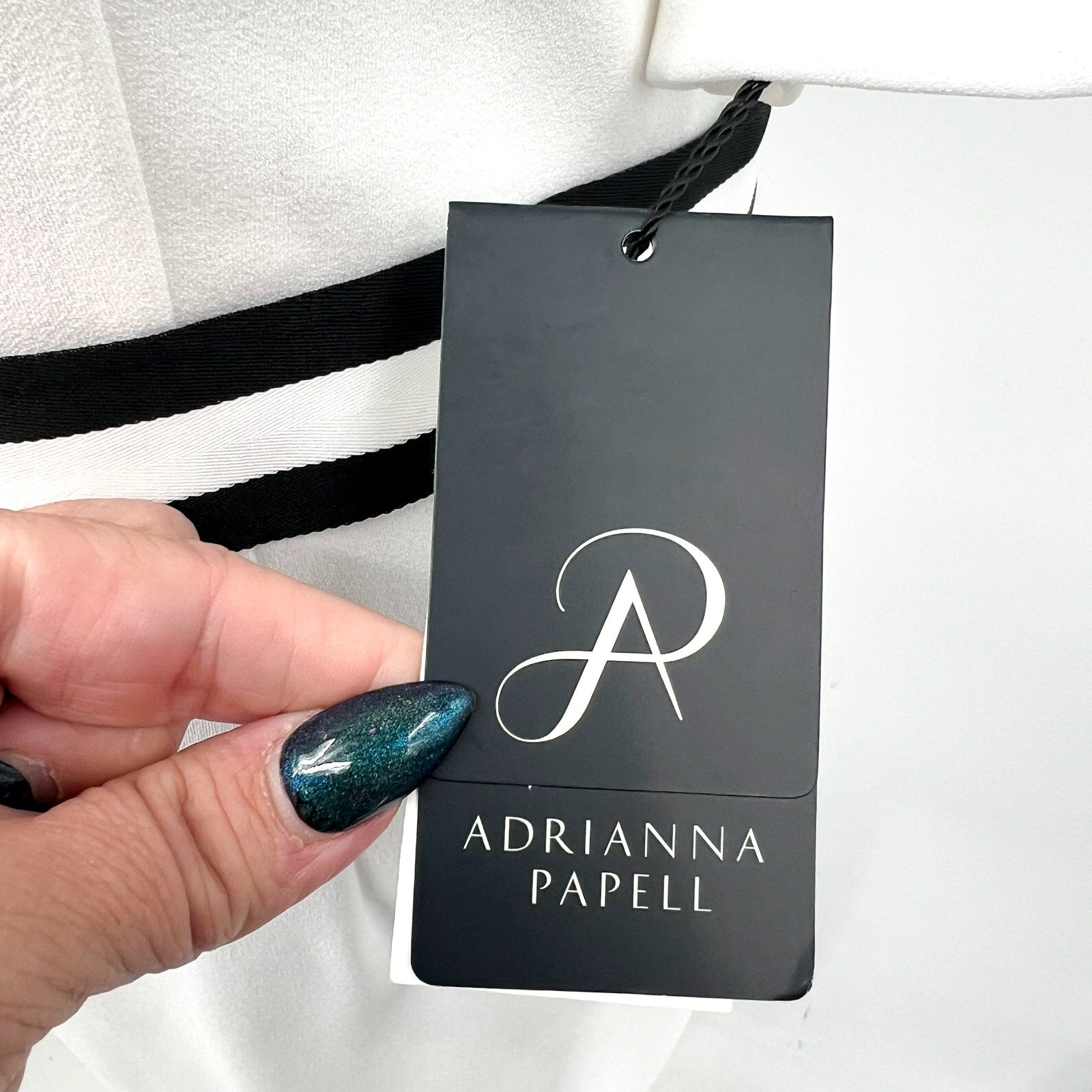 ADRIANNA PAPELL Women's Crepe Ribbon Dress Size 10 Ivory Black Knee Length NWT