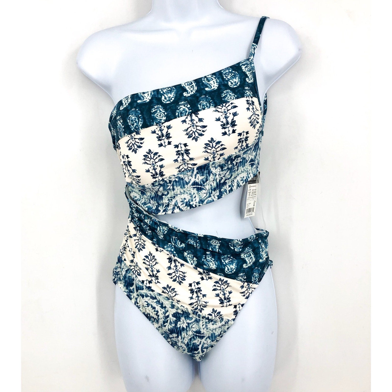 Lauren Ralph Lauren Printmix One Shoulder One Piece Swimsuit Size 8 Blue NWT